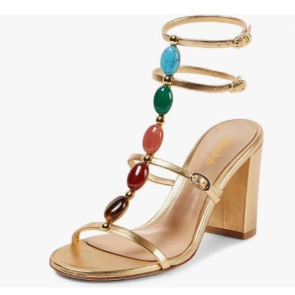 miss left Gold Gorgeous T-Strap Buckled Jewelled Gladiator Sandals Open Toe Shoe - Picture 1 of 8